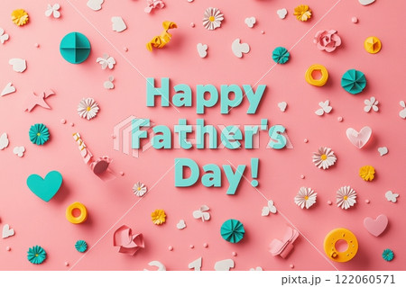Colorful decorations are arranged on a pink background to celebrate Fathers Day, featuring playful shapes and cheerful designs. The joyful atmosphere is accentuated by various ornamental pieces. 122060571
