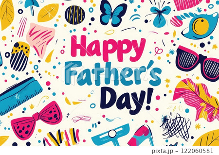Vibrant patterns and playful illustrations come together to create an exciting backdrop for Fathers Day. The colorful design features various items symbolizing celebration and joy. 122060581