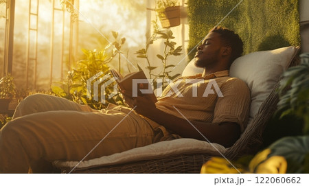 A young man is reclining in a comfortable chair surrounded by lush greenery, immersed in a book as the warm afternoon sunlight filters through the plants, creating a serene atmosphere. 122060662