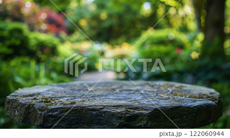 A smooth stone table sits in a garden, with vibrant green foliage and a blurry path leading into the distance. A smooth stone table sits in a garden, with vibrant green foliage and a blurry path leading into the distance. 122060944
