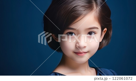 Portrait of smiling asian girl child with short hair creamy blue background. 122061072