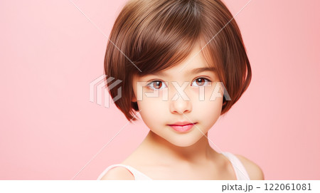 Portrait of smiling asian girl child with short hair creamy creamy pink background. 122061081