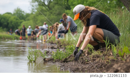 Volunteers work together to plant native vegetation along a riverbank, enhancing the local ecosystem during a sunny summer day. Volunteers work together to plant native vegetation along a riverbank, enhancing the local ecosystem during a sunny summer day. 122061133