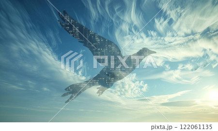 A digital bird flies through the sky, with white clouds in the background. The bird is made up of lines of code. A digital bird flies through the sky, with white clouds in the background. The bird is made up of lines of code. 122061135