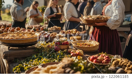 People gather at a harvest festival to showcase and enjoy an array of homemade pies and fresh fruits. 122061185