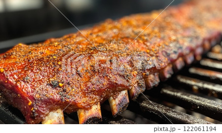 Tender barbecue ribs are sizzling on the grill, coated with a spicy glaze, as the sun begins to set. 122061194