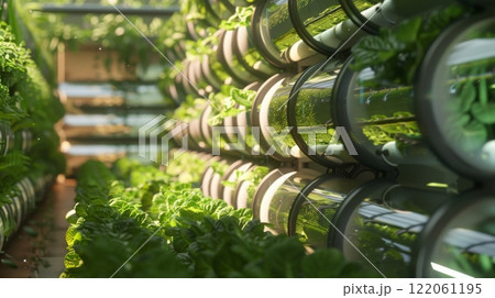 Rows of vertical hydroponic tubes filled with green leafy vegetables growing in a controlled indoor environment. 122061195