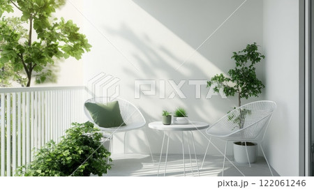 A serene balcony setting features two modern chairs and a small table with green plants. Soft sunlight casts gentle shadows, creating a peaceful atmosphere for relaxation in the afternoon. 122061246