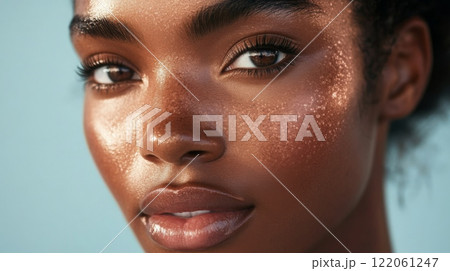 A close-up of a person's face showcasing glowing skin, well-groomed eyebrows, and a natural makeup look under soft lighting. 122061247