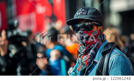 A person wearing sunglasses and a bandana stands in a bustling city crowd, surrounded by media personnel and onlookers. 122061248