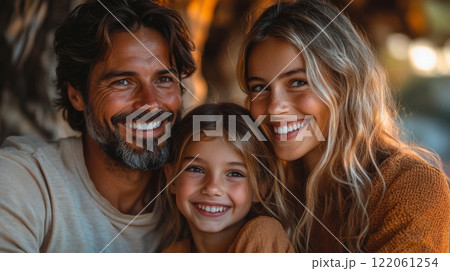 A joyful family is gathered outside, sharing a warm moment filled with laughter. The parents and their young daughter are smiling brightly, creating a heartwarming atmosphere as the sun sets. 122061254