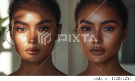 A woman poses elegantly, showcasing her flawless skin and defined features, illuminated by soft natural light. Shadows create a striking contrast that enhances her beauty. 122061256