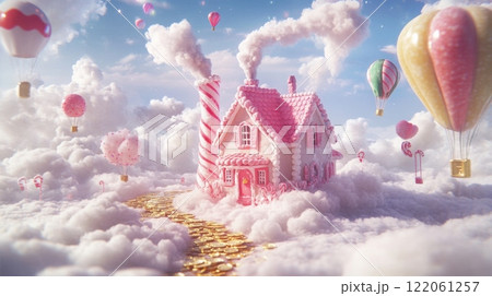 A charming candy cottage with pink walls and candy cane chimney is situated among fluffy clouds. Colorful hot air balloons hover above while a golden path leads through the dreamy landscape. 122061257
