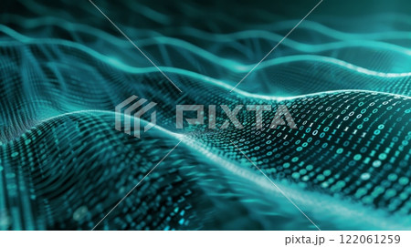 A digital binary code wave background. The abstract image features blue and green tones. 122061259