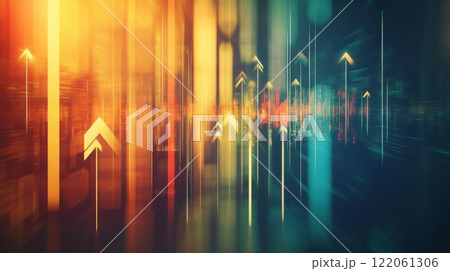 Colorful streaks and arrows create a sense of upward momentum and growth, blending yellow, orange, and blue hues. The design evokes energy and progress, symbolizing advancement and innovation. 122061306