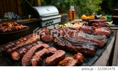 A variety of grilled meats, including ribs and brisket, are beautifully arranged on a table during a summer outdoor event. A variety of grilled meats, including ribs and brisket, are beautifully arranged on a table during a summer outdoor event. 122061478