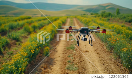 A drone hovers above a colorful field filled with blooming flowers, while dirt paths wind through the rural landscape under a clear sky. 122061565