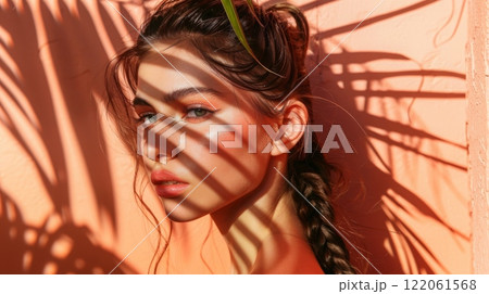 A woman with long brown hair and a braid stands in front of a peach-colored wall, with the shadows of palm leaves falling across her face. 122061568