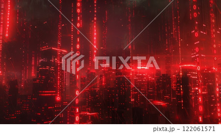 A futuristic cityscape illuminated by red lights and binary code. The scene is dark and mysterious, with the buildings glowing in the distance. 122061571