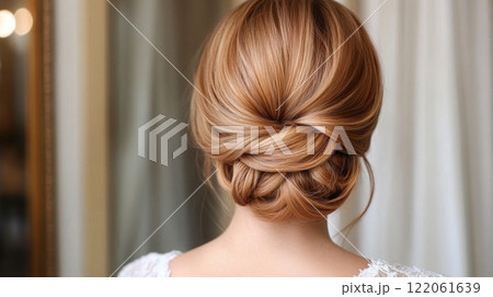 A beautiful model showcases a classic updo hairstyle with soft curls, highlighting the elegant design. The warm lighting enhances the rich tones of the hair, creating a sophisticated look. 122061639