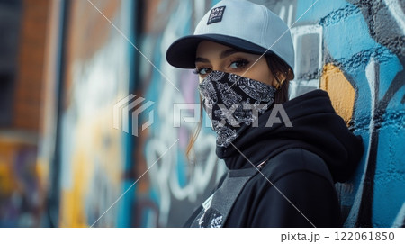 A young woman in a hoodie and cap stands confidently against an intricate graffiti wall, showcasing urban style. 122061850