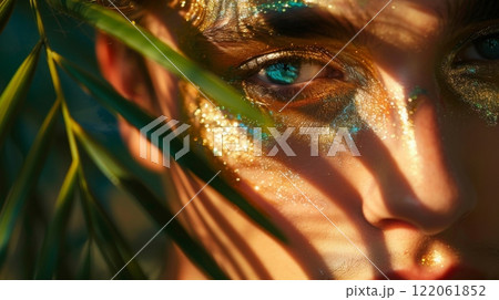 A close-up of an eye with golden glitter makeup, partially obscured by green foliage. The sunlight creates a warm glow. 122061852