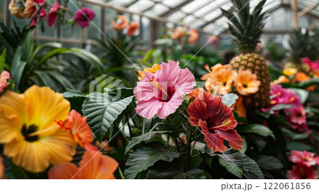 Colorful hibiscus flowers bloom in a lush greenhouse, accompanied by ripe pineapples, creating a tropical atmosphere. 122061856