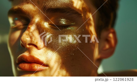A man's face is illuminated by the sun, casting a golden glow on his skin. His eye is closed, and his lips are slightly parted. 122061928