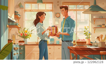 A couple joyfully exchanges a gift in a bright kitchen filled with plants and baked treats, enhancing the warm atmosphere of their shared moment. 122062128