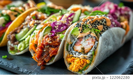 Colorful sushi tacos filled with shrimp, spicy sauce, vegetables, and garnished with sesame seeds are arranged on a slate platter. 122062280