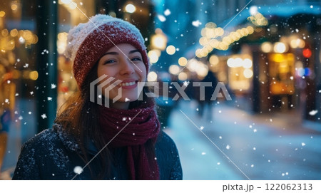 A young woman with a warm smile stands on a snow-dusted street, surrounded by twinkling holiday lights and festive decorations. 122062313