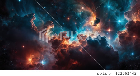 Colorful cosmic nebula veiled in space dust, a celestial spectacle. Fantastic space nebula with glowing cosmic clouds on black background. Universe, stars and galaxies clusters of fantastic worlds. AI 122062442