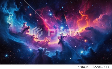 Colorful cosmic nebula veiled in space dust, a celestial spectacle. Fantastic space nebula with glowing cosmic clouds on black background. Universe, stars and galaxies clusters of fantastic worlds. AI 122062444