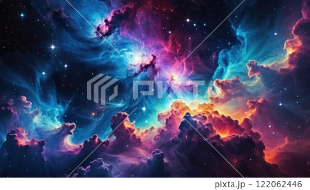 Colorful cosmic nebula veiled in space dust, a celestial spectacle. Fantastic space nebula with glowing cosmic clouds on black background. Universe, stars and galaxies clusters of fantastic worlds. AI 122062446