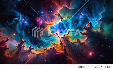 Colorful cosmic nebula veiled in space dust, a celestial spectacle. Fantastic space nebula with glowing cosmic clouds on black background. Universe, stars and galaxies clusters of fantastic worlds. AI Colorful cosmic nebula veiled in space dust, a celestial spectacle. Fantastic space nebula with glowing cosmic clouds on black background. Universe, stars and galaxies clusters of fantastic worlds. AI 122062448