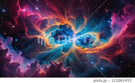 Colorful cosmic nebula veiled in space dust, a celestial spectacle. Fantastic space nebula with glowing cosmic clouds on black background. Universe, stars and galaxies clusters of fantastic worlds. AI 122062455