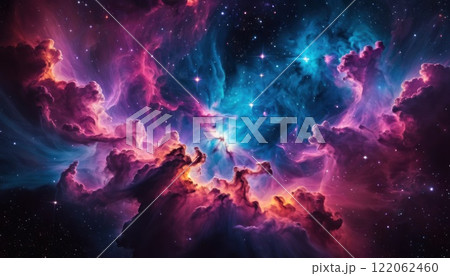 Colorful cosmic nebula veiled in space dust, a celestial spectacle. Fantastic space nebula with glowing cosmic clouds on black background. Universe, stars and galaxies clusters of fantastic worlds. AI Colorful cosmic nebula veiled in space dust, a celestial spectacle. Fantastic space nebula with glowing cosmic clouds on black background. Universe, stars and galaxies clusters of fantastic worlds. AI 122062460