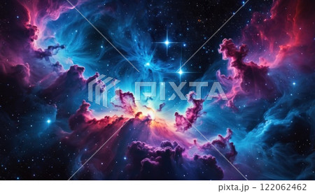 Colorful cosmic nebula veiled in space dust, a celestial spectacle. Fantastic space nebula with glowing cosmic clouds on black background. Universe, stars and galaxies clusters of fantastic worlds. AI 122062462