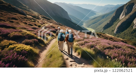view from behind, A group of four retirees in their late 60s and early 70s are hiking through a scenic mountain trail. free time and freedom in nature, senior healthy lifestyle concept. AI 122062521