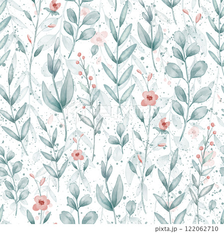 Seamless watercolor Pattern with green leaves, branches, and delicate wildflowers in pastel tones. Illustration of botanical Background for nursery wallpaper, childish wrapping paper or baby textiles. 122062710