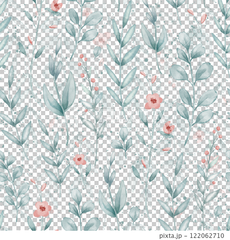 Seamless watercolor Pattern with green leaves, branches, and delicate wildflowers in pastel tones. Illustration of botanical Background for nursery wallpaper, childish wrapping paper or baby textiles. 122062710