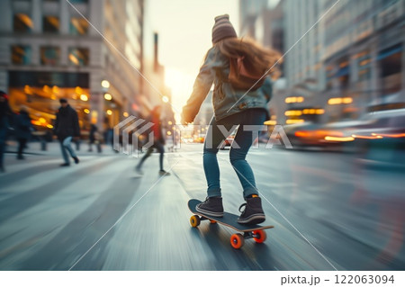A young woman skateboarding through a busy city street at sunset, showcasing urban energy, motion, and a dynamic lifestyle A young woman skateboarding through a busy city street at sunset, showcasing urban energy, motion, and a dynamic lifestyle 122063094