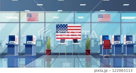 Modern voting station interior with American flags, electronic voting machines, and a clean, organized layout symbolizing democracy and civic responsibility 122063113