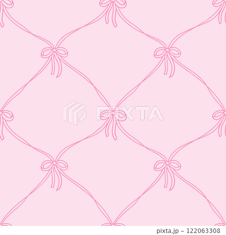 Retro coquette seamless pattern with thin ribbons and bows. Vector vintage background. Girly coquettish pastel aesthetic for Valentines day Retro coquette seamless pattern with thin ribbons and bows. Vector vintage background. Girly coquettish pastel aesthetic for Valentines day 122063308
