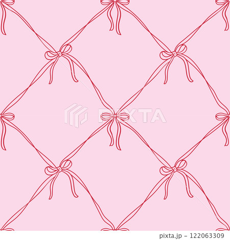 Retro coquette seamless pattern with thin ribbons and bows. Vector vintage background. Girly coquettish aesthetic for Valentines day Retro coquette seamless pattern with thin ribbons and bows. Vector vintage background. Girly coquettish aesthetic for Valentines day 122063309