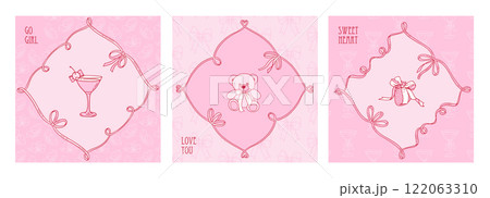 Coquette Vintage Valentine s cards set with bows and ribbons. Girly square covers. Vector minimalistic hand drawn Illustrations collection Coquette Vintage Valentine s cards set with bows and ribbons. Girly square covers. Vector minimalistic hand drawn Illustrations collection 122063310