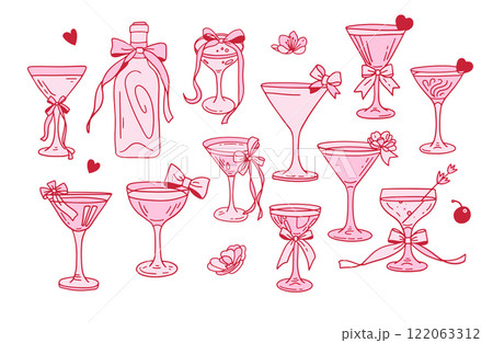 Coquette Cocktails set with flower, cherry and bottle. Cute y2k aesthetic glasses with crafts bows, pink ribbon. Decoration valentine party elements. Flat contour hand drawn vector illustration, 122063312