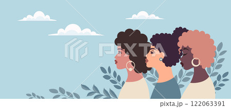 Banner with different portraits of women. Women's Day, Feminism Day, Equality Day. Postcard for Women's holidays. 122063391