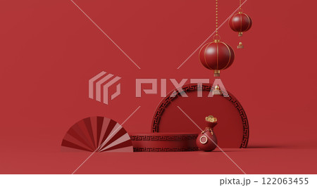 3D render, Minimal Chinese new year red fan podium with lanterns gold ingot and festive decorations on red background. 122063455