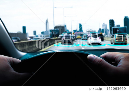 Driver view with advanced car safety features , Car detection sensors to warn of collisions 122063660
